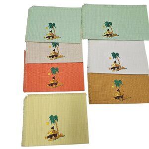 8 Vintage Tropical Themed Linen Napkins Placemat Multicolor Needle Cross Stitch
